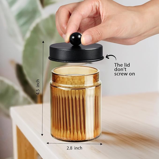 Amolliar Bronze Amber Glass Apothecary Jar, Qtip Holder Storage Black 4Pack | Bathroom Canister With Metal Lid, Q tip Dispenser Holder for Cotton Balls, Cotton Swabs, Floss Picks, Vanity Makeup Organizer