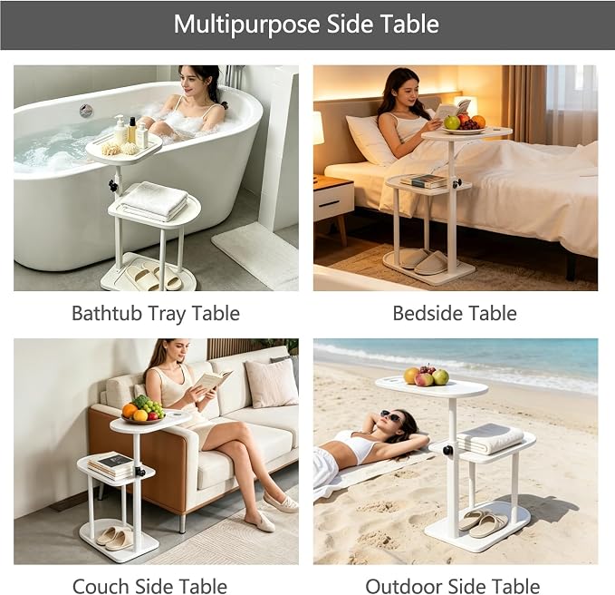 3 Layer Bathtub Tray Table,Bamboo Swivel Bathtub Side Table Height Adjustable,Freestanding Bathtub Tray for Tub Against Wall,Bathtub Accessories&Bathroom Organizer for Luxury Home Spa (White)