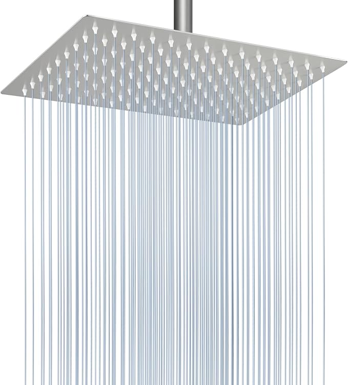 Voolan Rain Shower Head - High Flow Large Rainfall Shower Heads Made of Stainless Steel - Waterfall Bathroom Square Showerhead - Ceiling or Wall Mount (12 * 8 Inch Rectangle, Brushed Nickel)