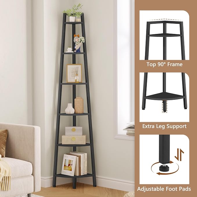 Hoctieon Corner Shelf, 6-Tier Corner Bookshelf, Rustic Ladder Shelf, Industrial Display Stand for Living Room, Kitchen, Home Office, Balcony, Small Space, Metal Frame, Black