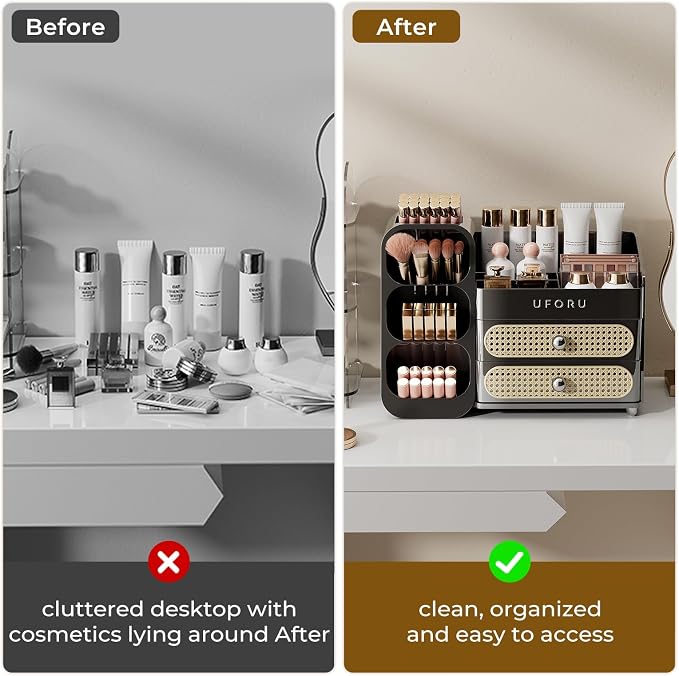 UFORU Makeup Organizer Countertop with Brush Holder for Vanity Bathroom | Large Capacity, Thickened Plastic, 2 Rattan Drawers, Compact Size, Detachable Brush Holder, Divided Compartments, Easy Access