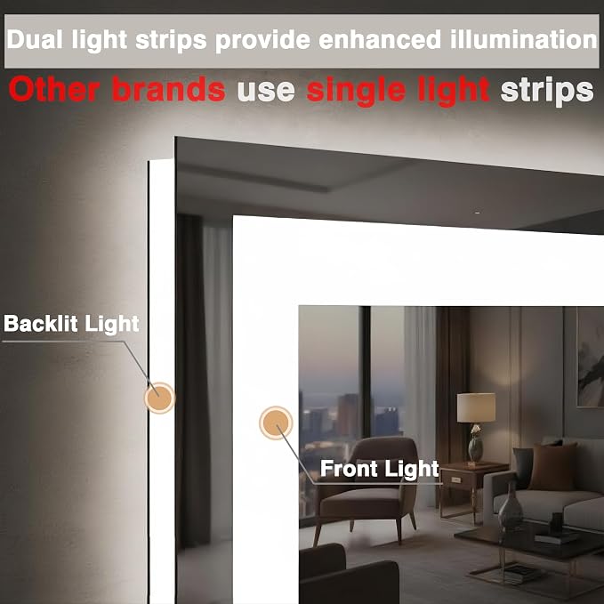 EchosLife 60"x36" LED Mirror for Bathroom | Backlit + Front Lit, Anti-Fog, Stepless Dimmable, 3 Colors, Memory, Tempered Glass, UL Listed, Horizontal/Vertical