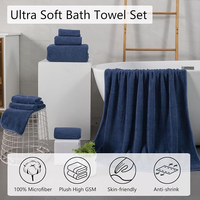 8 Pcs Navy Large Towel Set Soft Microfiber Bath Hand Towels Washcloths | Oversized towel with loop absorbent quilck dry no lint multiple pack easy replacement family set for bathroom beach pool gym