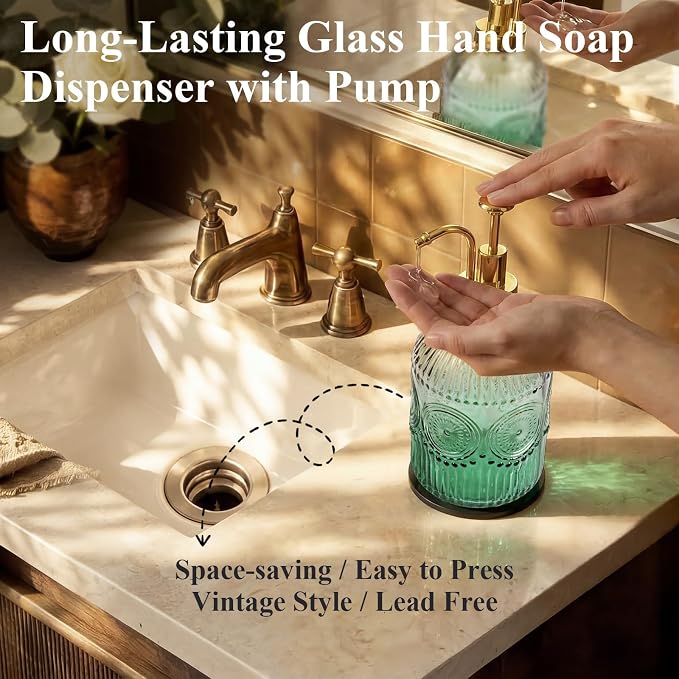 Amolliar 12 Oz Glass Soap Dispenser with Plastic Pump,Green-Gradient | Antique Rustic Hand Liquid Bottle for Bathroom/Kitchen, Vintage/Farmhouse/Boho Style, Pump Dispenser, Refillable