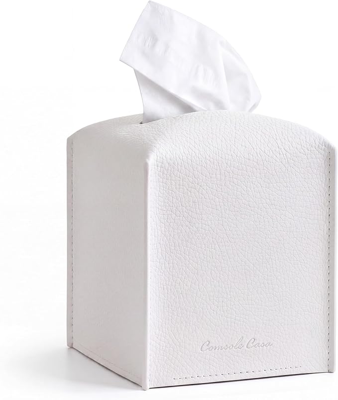 Premium PU Leather Square Tissue Box Holder - Hotel-Style Facial Tissue Box Cover for Bathroom, Bedroom, Office & Home Decor, Cube Tissues Organizer, Classic Look (White)