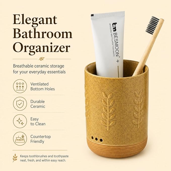 LYEOBOH Toothbrush Holder, Countertop Toothbrush Holders with Drainage | Toothbrush Container, Ceramic Toothbrush Organizer Countertop, Toothpaste and Toothbrush Holder for Bathroom & Shower