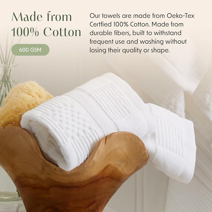 100% Cotton Bath Towel Set | 4-Pack | Textured | White | Luxury Geometric Design | Absorbent & Quick-Dry Bathroom Towels | Textured and Durable Cotton Towels for Bathroom | OEKO-TEX