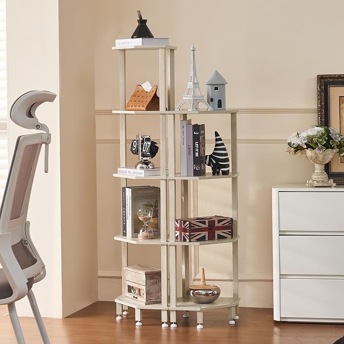 YUFAM 4-Tier Corner Shelf, Grey White | Wooden Corner Bookshelf for Small Spaces, Corner Standing Shelf with Sturdy 5-Leg Base