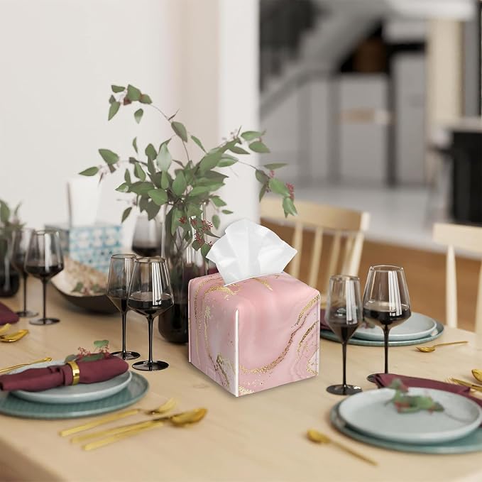 Pink Marble Tissue Box Cover Square,Tissue Box Holder with Belt Bottom,Stylish Leather Napkin Holder for Vanity Countertop,Nightstands,Office Desk,5.2"×5.2"×5.2"