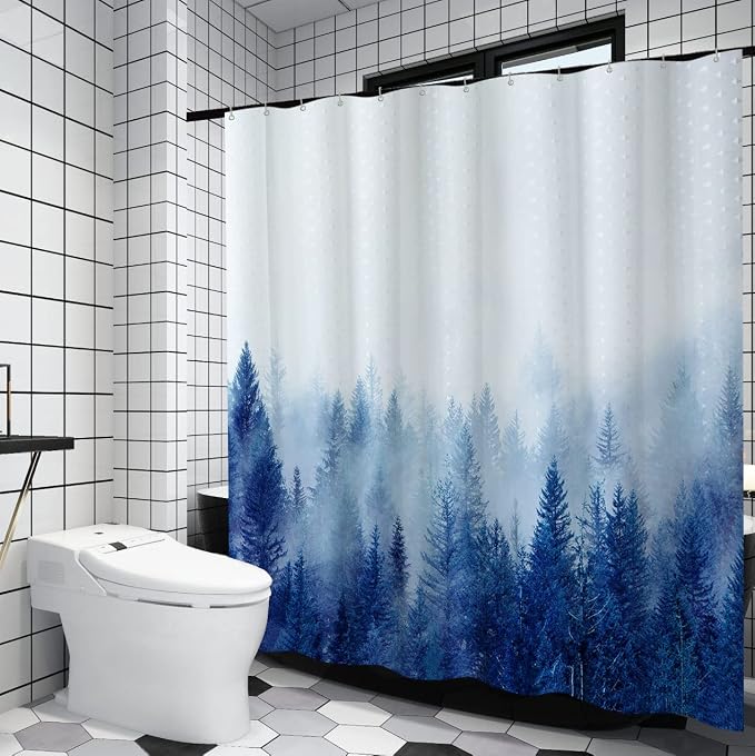 ORTIGIA Blue Misty Forest Shower Curtain Set,Nature Mountain Shower Curtain with Hooks,Fantasy Fog Tree Bath Curtain for Bathroom,Waterproof Polyester Fabric-70 Wx72 L