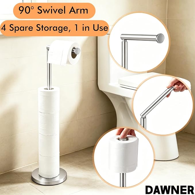 DAWNER 26" Heavy Duty Toilet Paper Holder Stand, Free Standing Toilet Paper Holder, Brushed Nickel Bathroom Toilet Paper Roll Holder, Stainless Steel Tissue Holder for Bathroom, Anti-Tipping Base