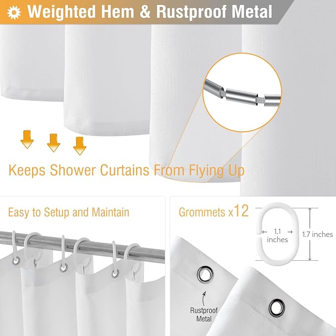 72x78 Linen Textured Waterproof Thick Fabric Shower Curtain Set, White | Long Size, 230GSM Polyester, Heavy Duty Cloth, Weighted Hem, 12 Plastic Hooks, Modern Luxury Hotel Style, Machine Washable
