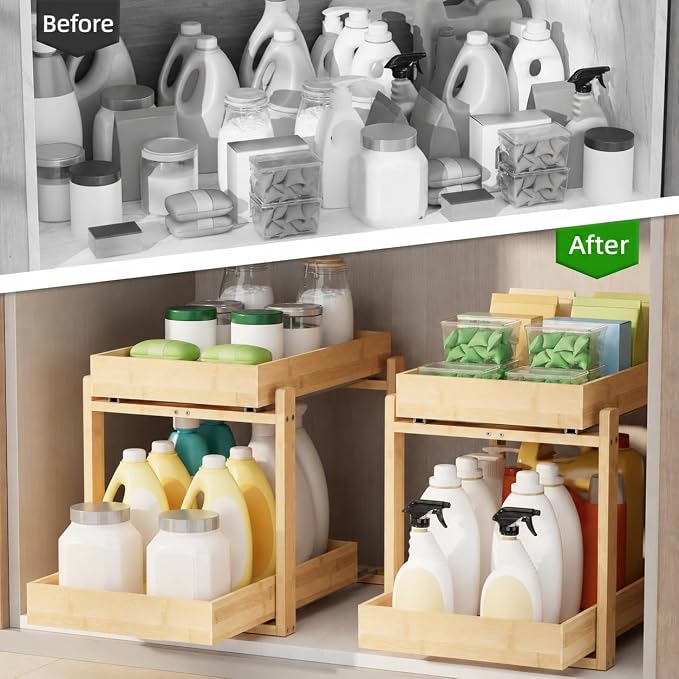 APRTAT 2 Pack Bamboo Under Sink Organizer, 2-Tier Pull Out Storage Drawers | Smooth pull-out drawers keep cleaners and tall bottles visible, organized and easy to reach in kitchen or bathroom cabinets