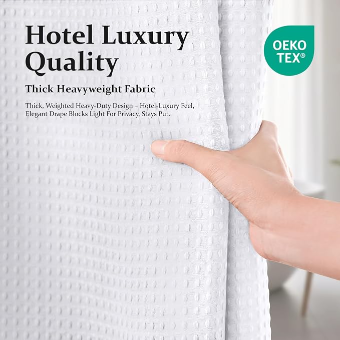 Stall Waffle Shower Curtain 256 GSM Heavy Fabric 54x78 White | 54 x 78 Inch Long, Thick Polyester Cloth, Weighted Hem, Water Repellent, Washable, Hotel Bathroom Shower Curtain Set 10 Hooks