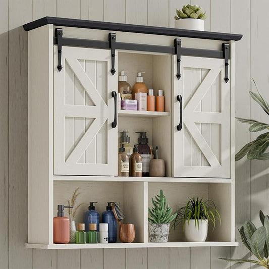 Vabches Bathroom Wall Cabinet, Farmhouse Medicine Cabinet, White and Black | Wooden Vintage Storage Cabinet Wall Mounted with Double Sliding Barn Door and Adjustable Shelf for Bathroom, Kitchen