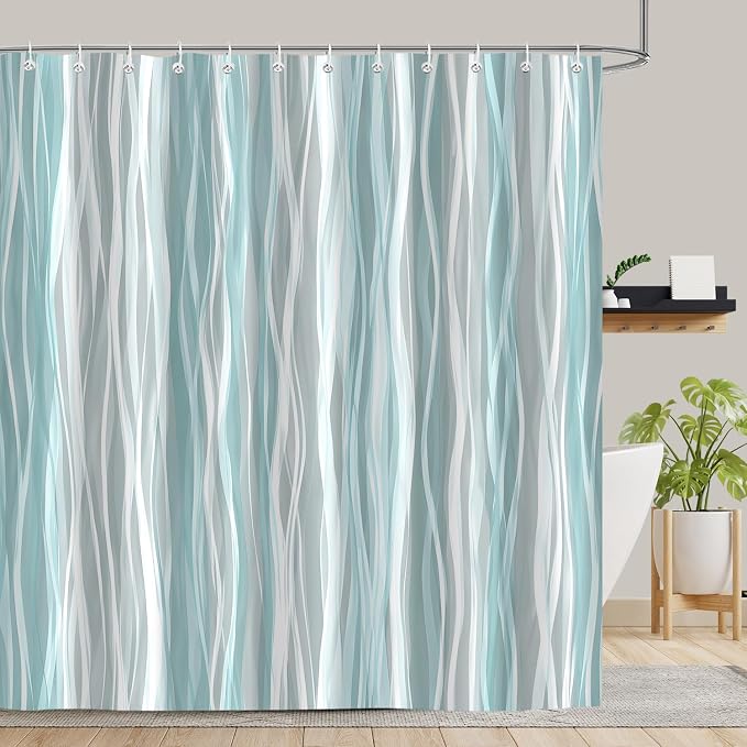 Moonslim Teal Grey Ombre Shower Curtain, Modern Wavy Abstract Striped Line Bathroom Curtain, Waterproof Fabric Bath Decor, 72 x 84 Inch