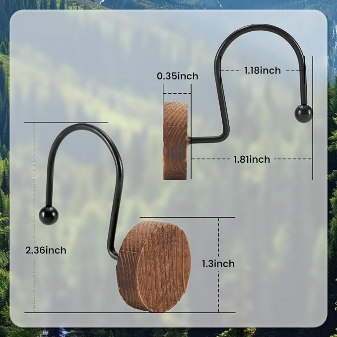 Wood Shower Curtain Hooks,Boho Shower Curtain Rings Decorative,Free Sliding Shower Hooks for Shower Curtain & Liners, Shower Curtain Hangers for Bathroom Shower Curtain Rods Curtains(Brown, 24)