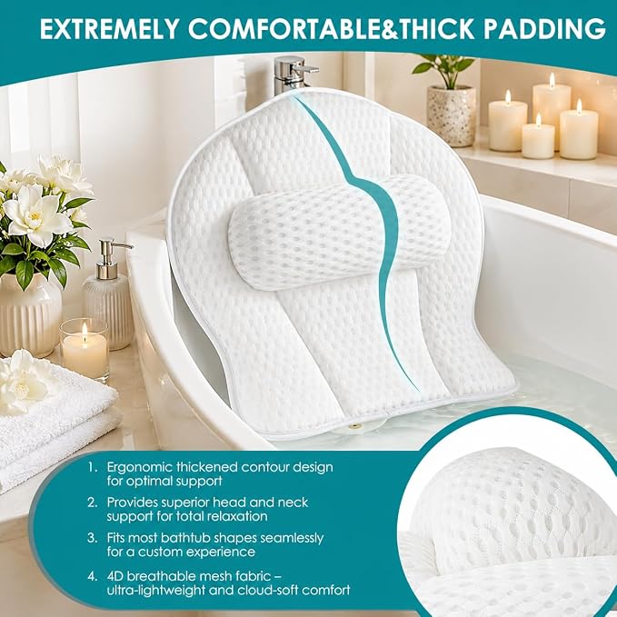 Bath Pillow Bathtub Pillow Luxury Bath Pillows for Tub Neck and Back Suppor | Neck and Back Support Headrest with Soft 5D Mesh Fabric and Non-Slip Suction Cups,Relaxing Bath Accessories Spa Gifts