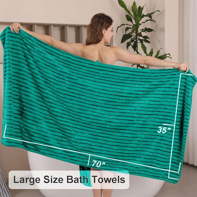 8 Pcs Blue Green Cabana Stripe Large Bath Towel Set - Oversize Bath Sheet, 2 Bathroom Towels, 2 Hand Towels, 4 Washcloths - Soft, Jumbo, Absorbent Shower Towel - Quick Dry, Beach, Spa, Gym Towel