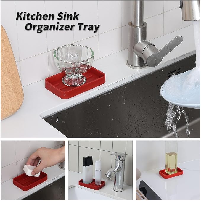 MicoYang Silicone Kitchen Sink Organizer Tray for Multiple Usage,Easy Clean Sponges Holder for Kitchen Bathroom Counter or Sink,Dish Soap Dispenser,Scrubber,Bottle,Cup Red 4.9”x 3.2”