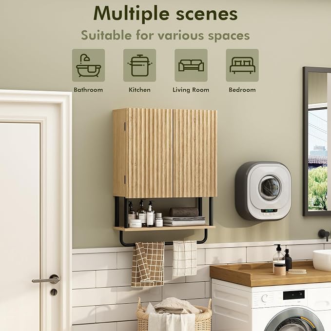 RUSTOWN Fluted Bathroom Wall Cabinet with 2 Doors, 3-Tier Medicine Cabinet | Modern Farmhouse Wall Mounted Cabinets, Over The Toilet Storage Cabinet, Adjustable Shelf and Towel Bar, Medium
