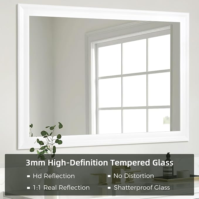 Tanmicoshomy White Rectangle Bathroom Wall Mirror 30x40 Inch | Tempered Glass, 4 Pre-Installed D-Ring Hooks, Vertical/Horizontal Wall Mount for Bedroom Living Room