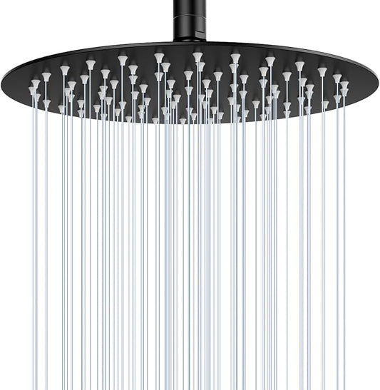 10 Inch Matte Black Round Rain Shower Head, All Metal Stainless Steel Rainfall Shower Heads with 100 Anti-Clog Silicone Nozzles, Wall or Ceiling Mount