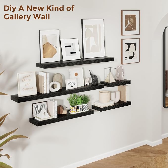 Heimlove 12 Inch Floating Shelves for Wall Black Shelves Set of 2,Wall Mounted Rustic Wood 8 Inch Deep Floating Shelf with Invisible Brackets for Bedroom Kitchen Living Room