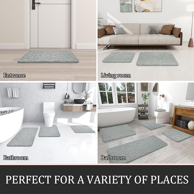Bathroom Rugs Mat Set, Memory Foam Bath Mat 3 Piece Gray | U Shape+Small Mat, Non Slip, Water Absorbent, Washable, Bath Mat For Bathroom, Sink and Toilet