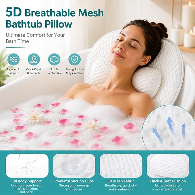Bath Pillow Bathtub Pillow,Luxury Bath Pillows forTub Neck and Back Suppor | Neck and Back Support Headrest with Soft 5D Mesh Fabric and Non-Slip Suction Cups,Relaxing Bath Accessories Spa Gifts
