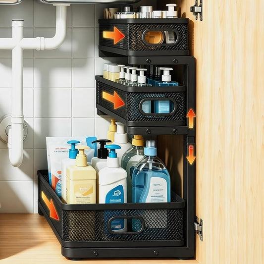 1 Pack 3 Tier Under Sink Organizer, Height Adjustable Heavy Duty Metal Under Cabinet Drawer Pull Out Shelf with Smooth Silent Sliding Design, Organizer and Storag Rack for Kitchen, Bathroom, Black