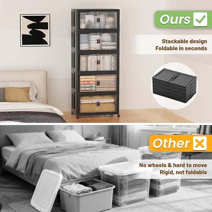 SAILUN 175Qt Stackable Storage Bins,Storage Cabinet with a Lid,5 Pack Black | Stackable Storage Drawers with Lids,18" W x 11" D x 51" H,Featuring open-front Access for Clothes and Closet Storage
