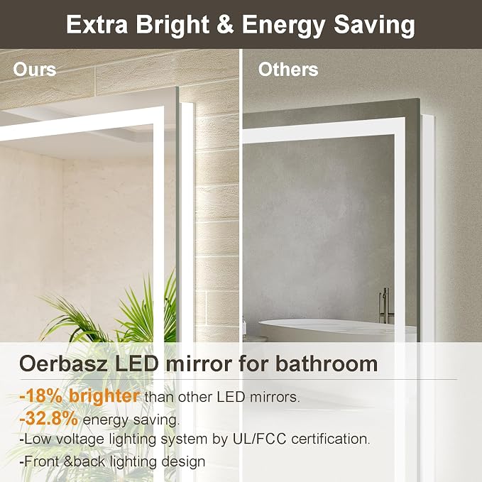55x30 LED Bathroom Mirror with Lights, Brighter Backlit + Front Lit, Tempered Glass, Dimmable, Multiple Light Modes, Anti-Fog Lighted Bathroom Vanity Mirror for Wall, Memory Function