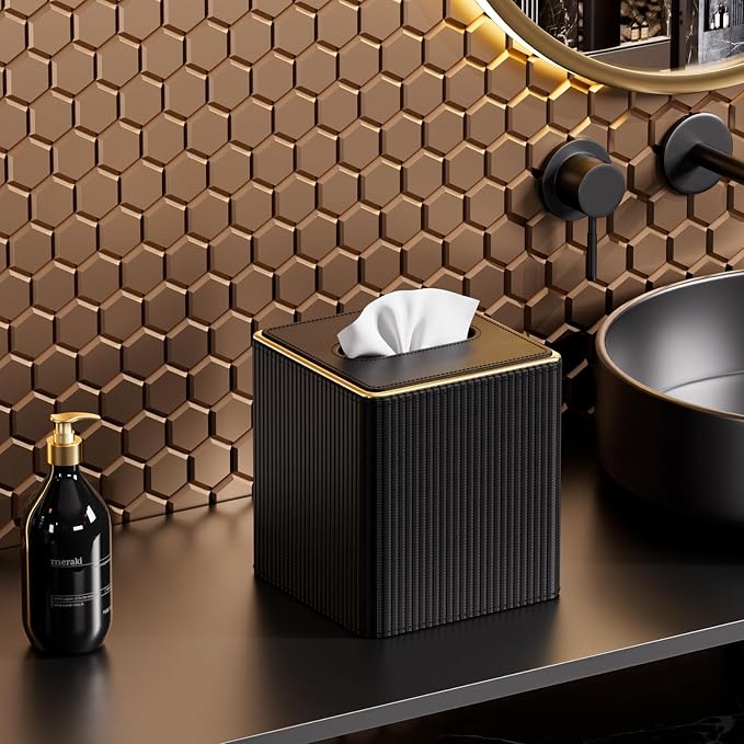 GORESE Square Tissue Box Cover with Gold-Tone Edging, PU Leather Tissue Box Holder for Kleenexs, Decorative Tissue Cover for Bathroom Living Room Car, Modern Cube Kleenexs Holder, Black