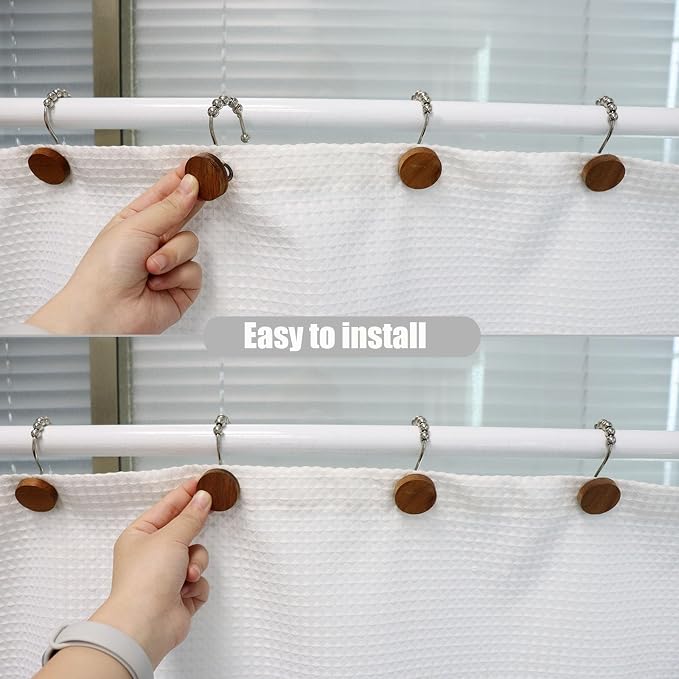 Wood Shower Curtain Hooks, Wooden Decorative Shower Curtain Rings, Modern Round Log Shower Curtain Hangers, 12PCS Shower Hooks for Shower Curtain Rod, Bathroom, Bedroom, Living Room (Silvery)