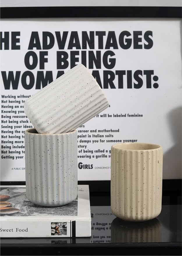 Stoneware Toothbrush Holder for Bathroom Tooth Brush Holder for Bathroom Toothbrush Cup Toothbrush Holders Cute Fluted Vertical Ribbed Stripe (Speckled White)