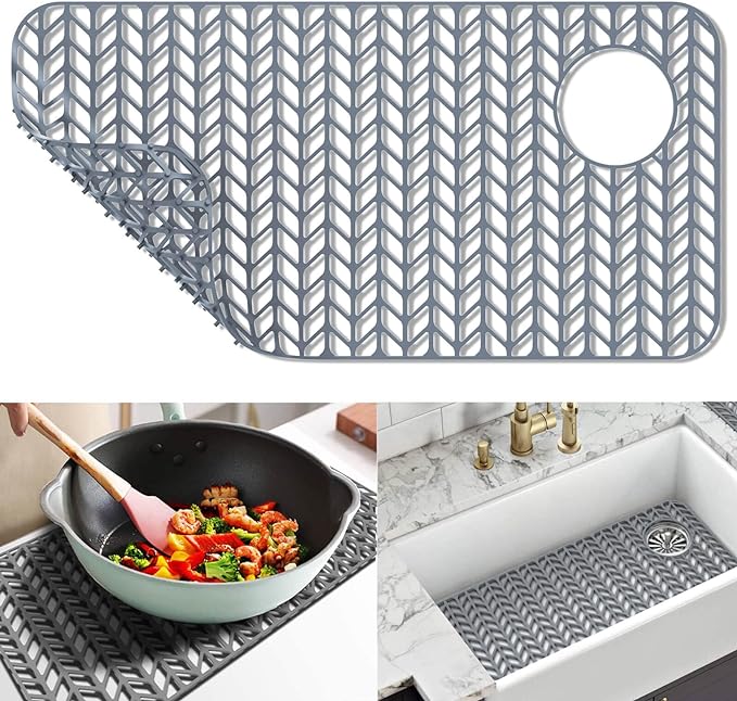 Sink Protectors for Kitchen Sink12"13"16"18"19"24"26"28"29"30",Silicone kitchen sink mats protector for bottom of farmhouse sink(28.6"x14.5"gray) | Various sizes and styles,Protector for sinks and dish,Withstand to 500F,Food-grade silicone ,raised feet...