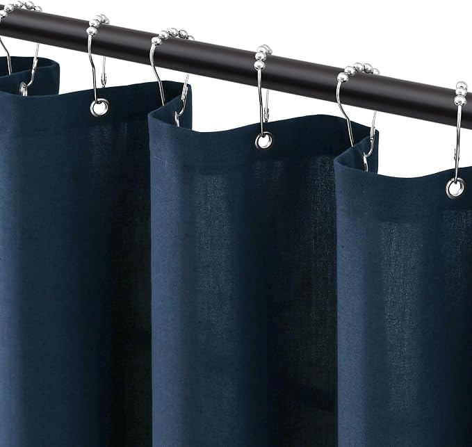 Jowels Navy Blue Linen Fabric Shower Curtains for Bathroom, 72x72 | Blue Linen Shower Curtains Set, Waterproof Washable Weighted Textile, Metal Hooks, Hotel Boho Farmhouse Bathroom Decor