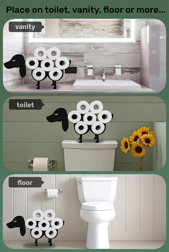 Dog Animal Metal Bathroom Toilet Paper Stand, Funny Art Decoration Organizer Holds Extra 8 Rolls