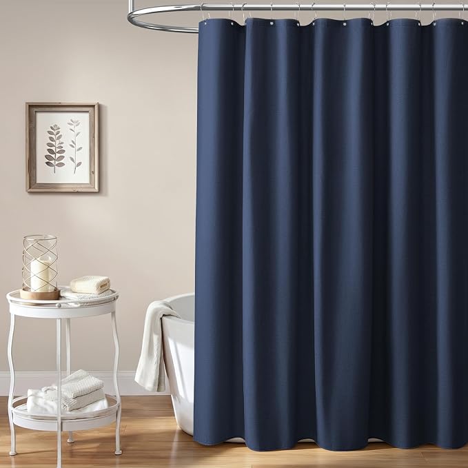 Stall Linen Textured Waterproof Shower Curtain Set, 36x72, Navy Blue | Half Size, 230GSM Polyester, Heavy Duty Fabric, Weighted Hem, 6 Plastic Hooks, Modern Luxury Hotel Style, Machine Washable