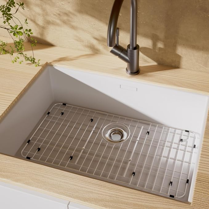 Sink Protector for Kitchen Sink,28.7 X 14.2 inch Sink Rack,Metal Sink Grate with Strainer,Stainless Steel Sink Grid for Bottom of Sink with Rear Drain Hole Dia 5",Corner Radius 1"