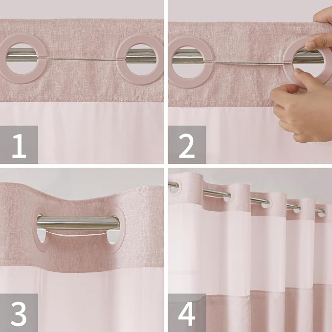 eachope No Hook Linen Texture Shower Curtain with Snap-in Liner,71x86 Blush | Extra Long,230GSM Thick Fabric,Hotel Luxury Decor,Mesh Top Window,Bottom Magnetic,Waterproof & Machine Washable,for Bathroom