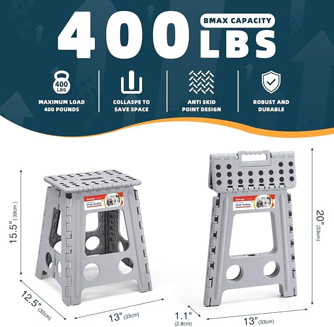 16 Inch Folding Step Stool, Heavy Duty, 400 lbs, Grey | Lightweight Collapsible Stepping Stool for Adults with Handle, Non-Slip, for Kitchen, Bathroom, Bedroom and Outdoor Use
