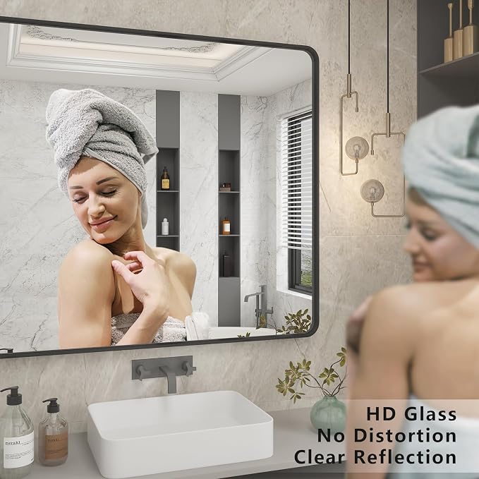 50x40 Inch Black Metal Framed Bathroom Mirror for Wall | Black Matte Bathroom Vanity Mirror, Rounded Rectangle, Anti-Rust, Tempered Glass, Hangs Horizontally or Vertically