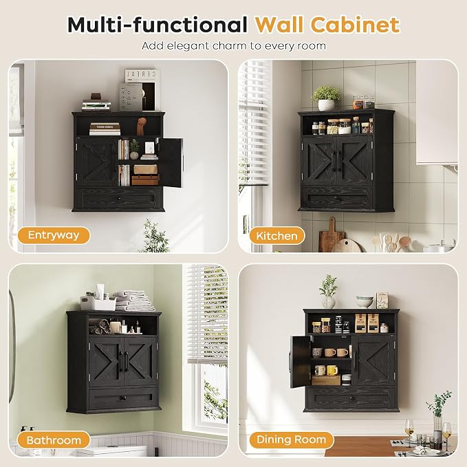 Bathroom Wall Cabinet, Wall Mounted Medicine Cabinet 24.4"H x 23.6"W x 9"D | With Drawer, Barn Doors & Adjustable Shelf, Black Over Toilet Farmhouse Storage Cabinet for Kitchen, Laundry Room, Entryway