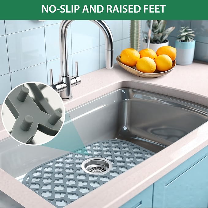 Silicone Sink Protector Mats for Multi-Size Kitchen Sink(18"x15.7") | Flexible and durable, heat-resistant, machine washable, non-slip, gray grid.