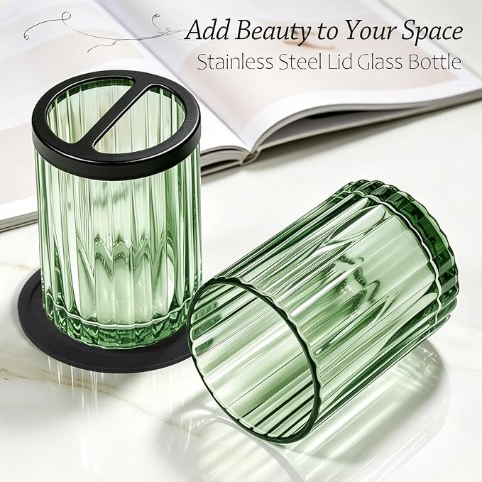 8oz Toothbrush Holders for Bathrooms, Green Striped Toothbrush Cup, Green | Bathroom Tumbler and Mouthwash Cup with Black Divider, Tooth Brush and Toothpaste Organizer for Countertop