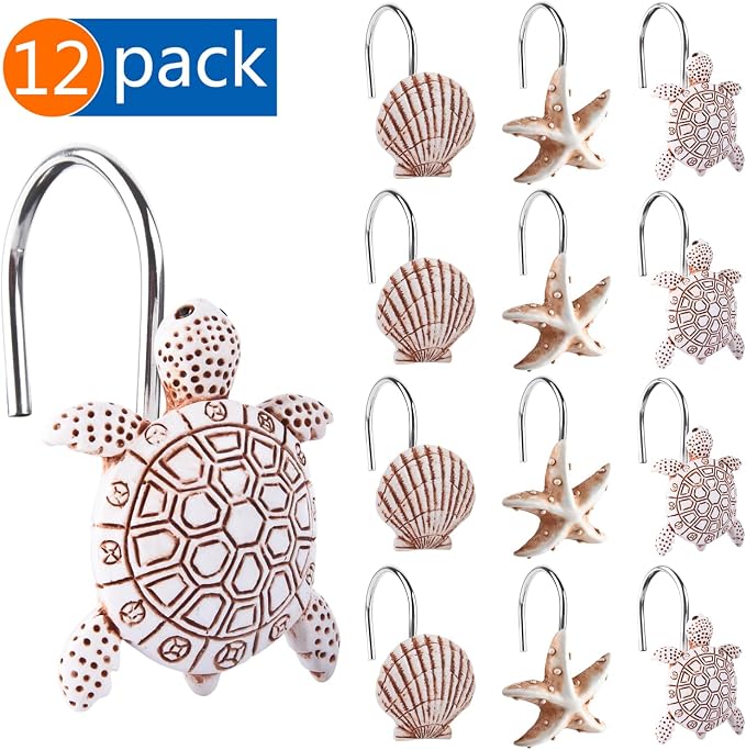 Decorative Shower Curtain Hooks,12Pcs Seashell Turtles Shower Curtain Rings | Ocean Shower Curtain Hangers Theme Bath Shower Hooks Decor for Beach Ocean Themes