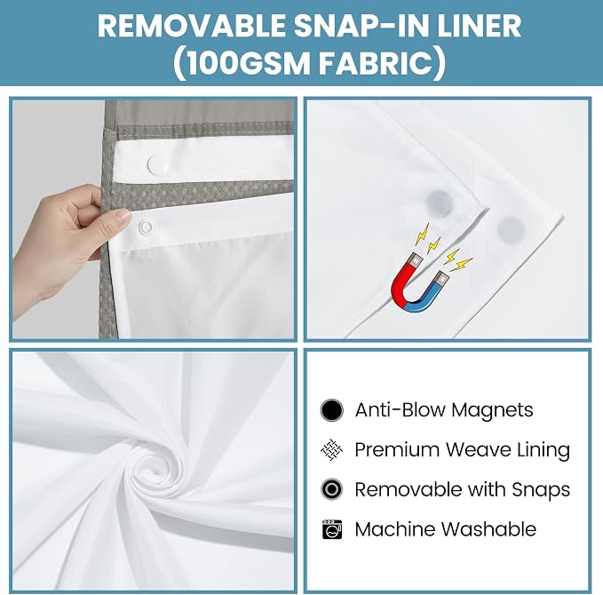 SORTTO No Hook Shower Curtain with Snap in Liner Set Waffle Shower Curtain for Bathroom Hotel Style Fabric Waterproof Inner Liner，71" W x 92" H, Grey