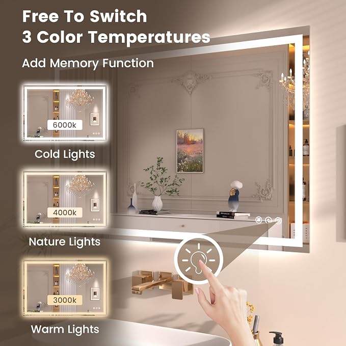 Snowdool 40 x 36 in LED Bathroom Mirror, Front and Backlit, Anti-Fog | Front and Backlit, 3 Color Temperatures, Anti-Fog, Tempered Glass